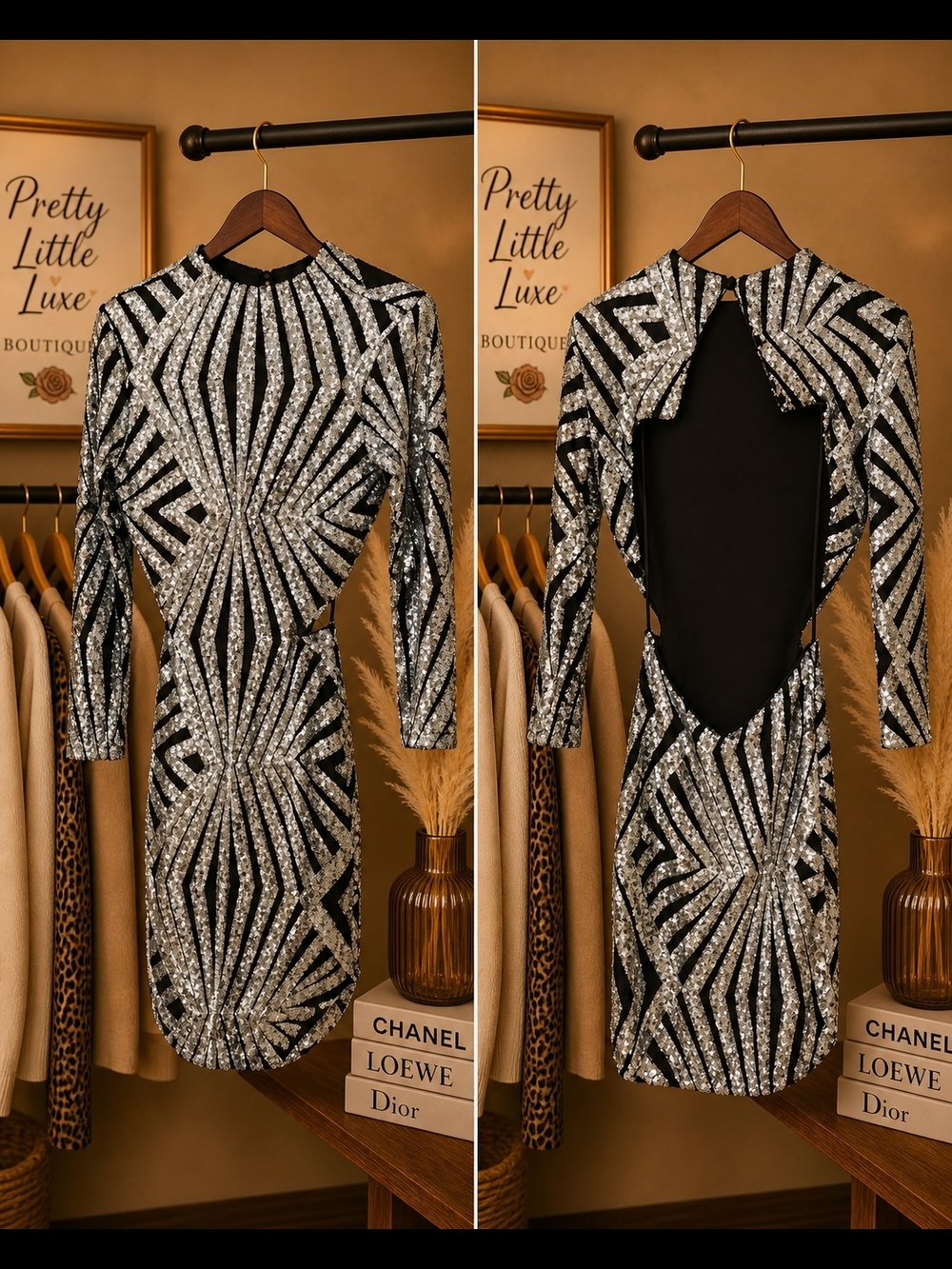 Black & Silver BLANC Sequin Open-Back Bodycon Dress- Small